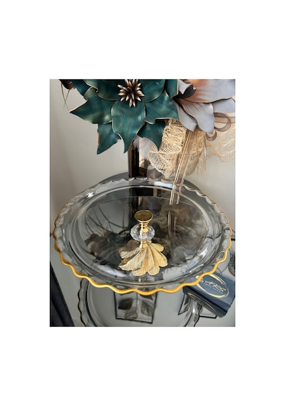 Paşabahçe Yuvarlak Şekilli Gold Yaldızlı Metal Ayaklı Dekoratif Sunumluk Modern Tabak Cam Stand Çok Renkli