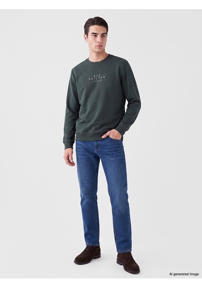 Lcwaıkıkı Classic Haki Bisiklet Yaka Baskılı Erkek Sweatshirt