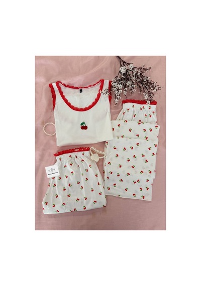 Mh Moony Homewears Fırfırlı Kiraz Dalı 3'lü Yumuşacık Pijama Kızıl