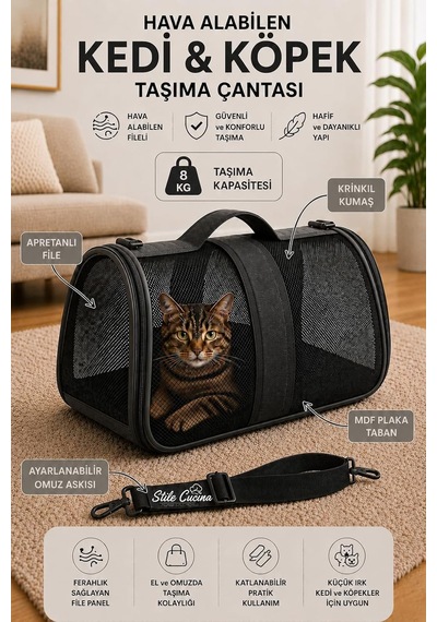 Tr Fileli Kedi Ve Köpek Taşıma Çantası, Katlanabilir, 8 Kg, 42x25x28 Cm Siyah