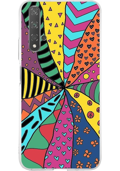 Huawei Nova 5t İle Uyumlu 1mm Slim Fit Retro Renkler 4 Baskılı Şeffaf Kılıf Şeffaf