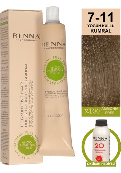 Renna Bitkisel Amonyaksız Saç Boyası 60 Ml 7-11 Yoğun Küllü Kumral Oksidan Hediyeli