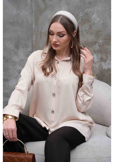 Polologin Butik Dökümlü Uzun Bej Gömlek Ekru