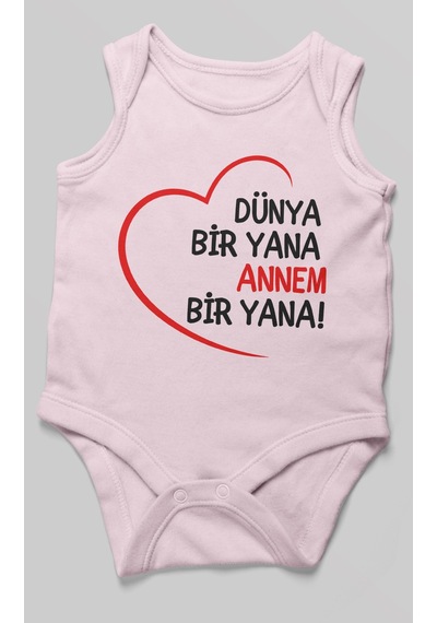 Morivokids Dünya Bir Yana Annem Bir Yana Sıfır Kollu Bebek Zıbını %100 Pamuk Bebe Pembe