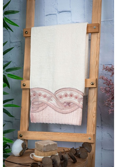 %100 Pamuk Fiyonk Güpürlü Çeyizlik Havlu 50x90 - Pudra