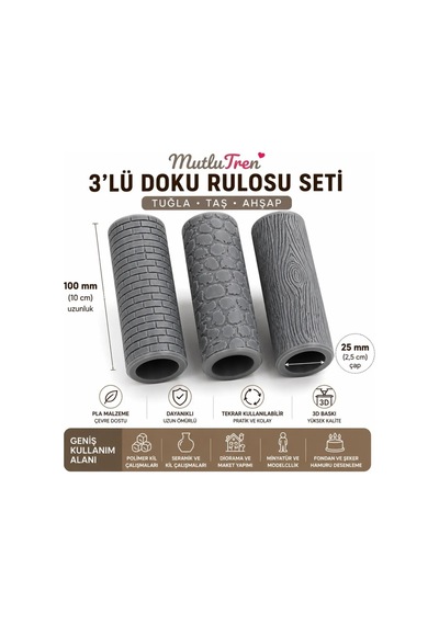 3 Farklı Desen Tuğla, Taş Ve Ahşap Doku Rulosu Seti 10 Cm Kil, Seramik Ve Şeker Hamuru Merdanesi Çok Renkli