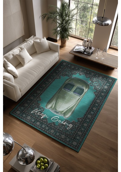 Retro 104 Turkuaz Yeşili Vintage Retro Araba Yıkanabilir Tasarım Halı Salon Oturma Ev Oda Halısı