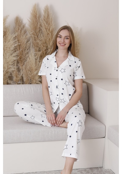 Wordex Mirano 6872 Kısa Kollu Yıldızlı Süprem Kumaş Düğmeli Kadın Pijama Takımı Beyaz