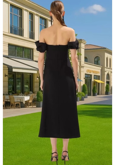 Ersefa Şık Beyaz Midi Abiye Elbise Taş Detaylı Bodycon Yazlık Şık Görünü Siyah