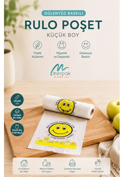 Rulo Poşet Küçük Boy 24x45 Cm Gülenyüz Baskılı Poşet Atlet Poşet Market Manav Poşeti Çöp Poşeti