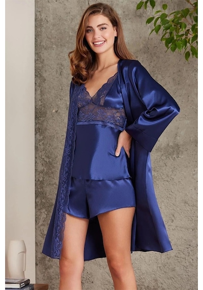 Pierre Cardin 7015 Kadın Dantelli Saten 4'lü Set-lacivert