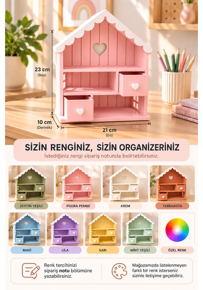 Bebek Evi, Çekmeceli Dekoratif Organizer Large Çocuk Odası Dekorasyonu Pudra Pembe