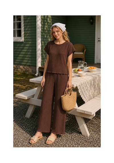 Rindahomewear Bürümcük Kumaş Kahverengi Düşük Kol Pijama Takım Kahverengi
