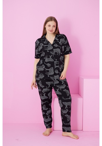 Siyah İnci Beden Battal Boy Düğmeli Örme Pijama Takım Siyah Kaplan