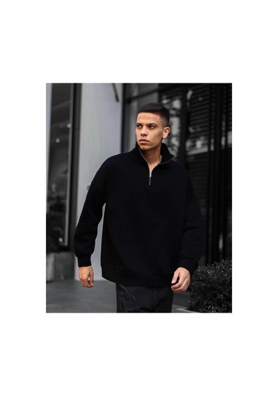 Erkek Yarım Fermuarlı Üç İplik Sweatshirt - Siyah