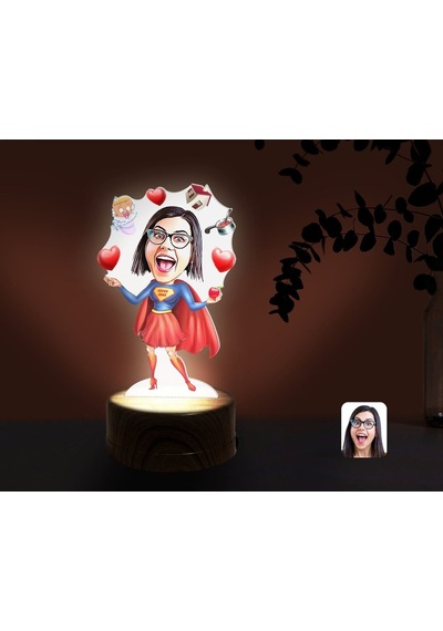 Kişiye Özel Süper Anne Karikatürlü Dekoratif 3D Biblo Led Işıklı (481507409)