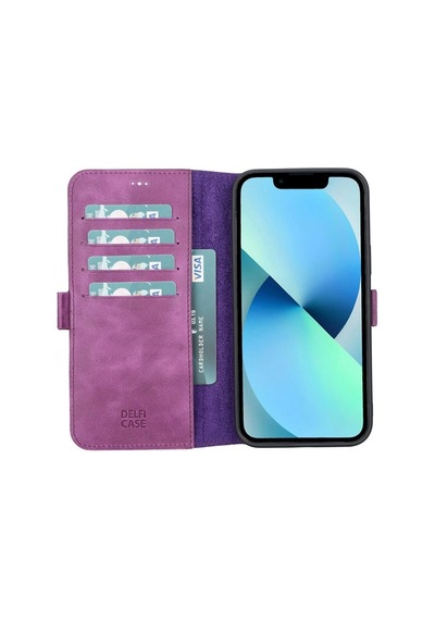 Apple İphone 13 Pro Max Uyumlu Deri Cüzdanlı Kılıf Rustik Mor
