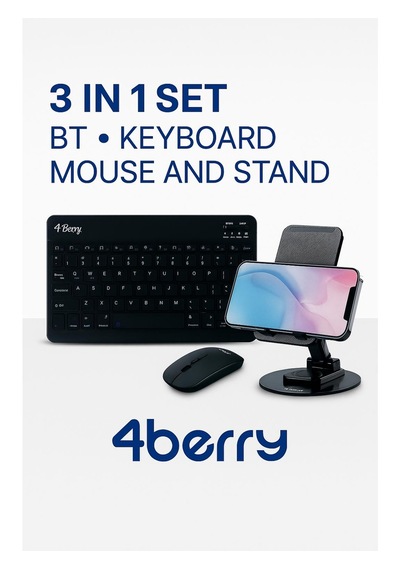 4berry 3 Lü Set Bluetooth Klavye + Kablosuz Mouse + Telefon/tablet Standı Taşınabilir Ve Şık Tasarım Optik 4berry 3 Lü Set Bluetooth Klavye + Kablosuz Mouse + Telefon/tablet Standı Taşınabilir Ve Şık Tasarım Optik