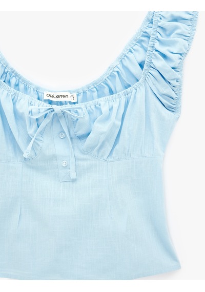 Koton Pamuklu Slim Fit Kısa Balon Kol Bağlamalı Crop Bluz Mavi 6sal60182ıw