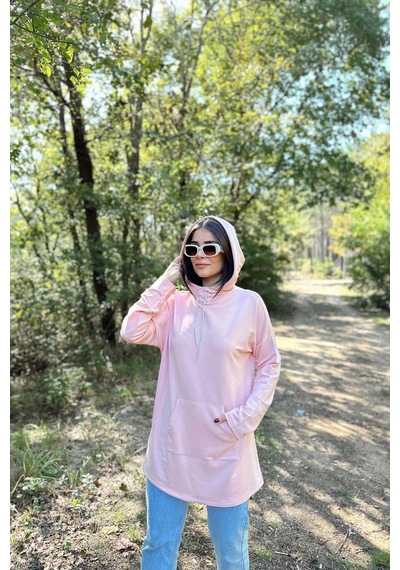 WeShaya Kadın Pudra Uzun Kol, Yakası Bağcıklı, Kapüşonlu, Kanguru Cep, Salaş, Uzun Tunik Sweatshirt Pudra