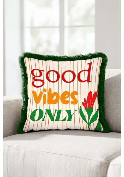 Good Vibes Only Çiçekli Saçaklı Yastık Kılıfı - Retro Botanik Yeşil Siyah Püsküllü Kırlent Kılıfı Yeşil