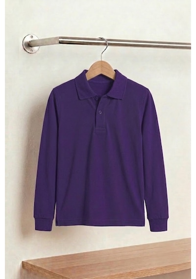 Nacar Store Unisex Çocuk Uzun Kollu Polo Yaka Lakost Okul Tişörtü Mor