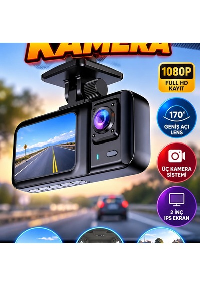 1080p Üç Kameralı Araç Dvr Sürüş Kaydedici 2 İnç Ips Ekran 170 Geniş Açı Ön İç Arka Kamera Sistem