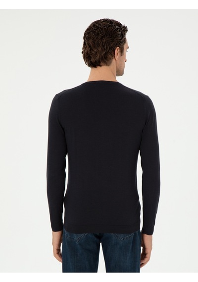 Cacharel Lacivert Slim Fit Kaşmir İpek Karışımlı Bisiklet Yaka Triko Kazak