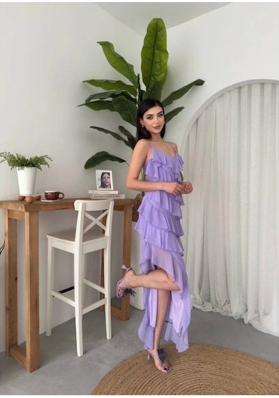 Defymoda Ples Yırtmaç Detaylı Elbise Lila