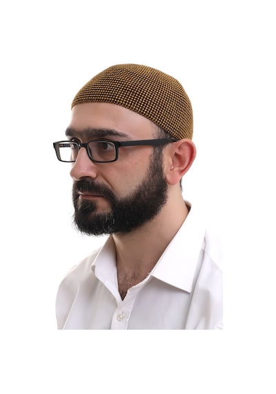Hardal Kışlık Nokta Desenli Orlon Namaz Takkesi Sarı