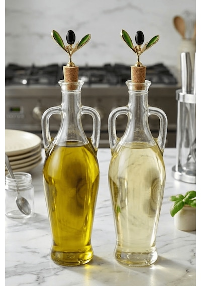 2'li Amfora Model Zeytin Mantar Tıpalı Cam Yağ Şişesi - 750ml. Şeffaf Sirke Limon Suyu Şişesi - Zeytin Dalı Şeffaf