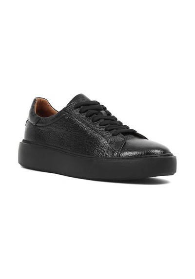 Erkek Siyah Kalın Tabanlı Siyah Deri Sneaker Siyah Siyah