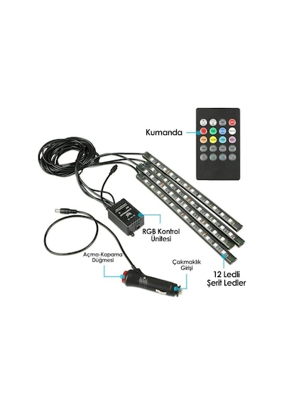 Araç İçi Ayak Altı Led Kumandalı Sese Duyarlı 12'li - Rgb