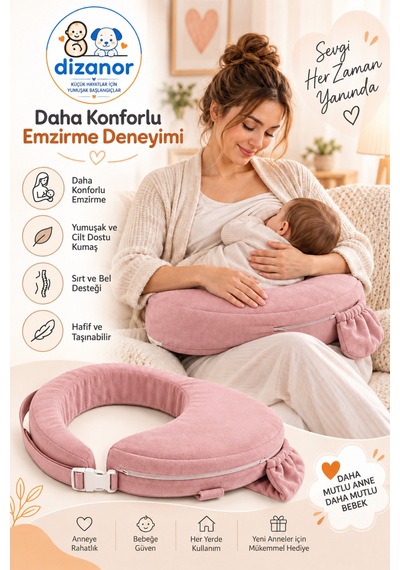 Dizanor Ayarlanabilir Kemerli Çok Amaçlı Emzirme Minderi Fermuarlı Yıkanabilir Kılıf 56x50x11 Cm - Pembe