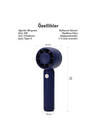 Turbo 3 Mod Şarjlı El Fanı 3 Kademe Seyahat Masaüstü Vantilatör Taşınabilir Mini Fan Mavi F130