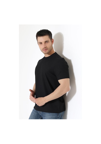 Erkek Fitilli Slim Fit Bisiklet Yaka Düz Renk T-shirt Siyah
