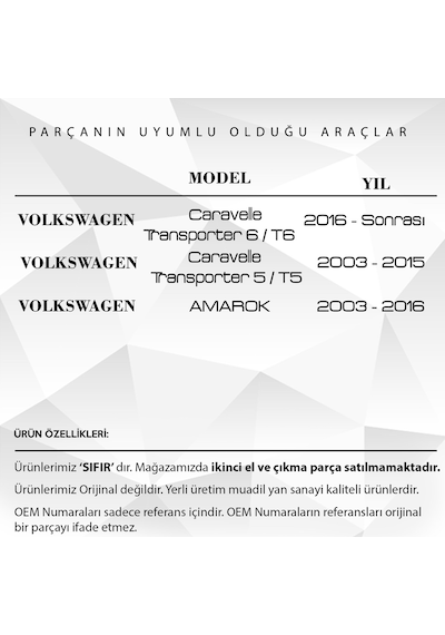 Transporter T5 T6 İçin Yan Ayna Demiri Zamak Altı Plastik Sol-sağ