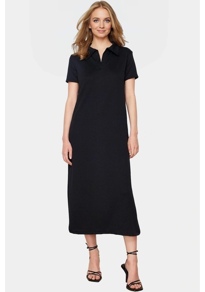 Ersefa Günlük Kullanım İçin Şık Polyester Midi Elbise Polo Yaka Görünüm Siyah