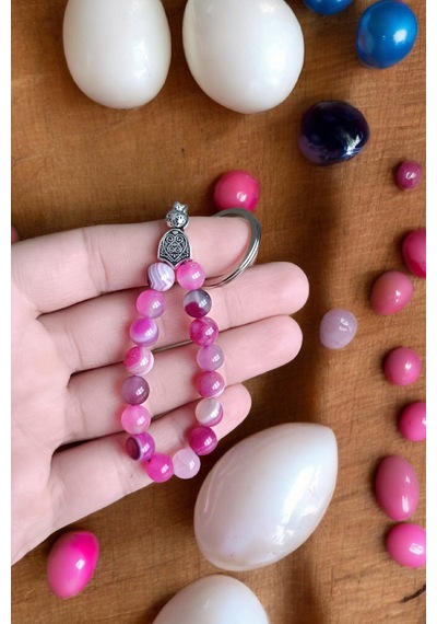 Beyaz Pembe Akik Taşı Anahtarlık Doğal Tesbih Model Doğal Taş Çelik Malzeme Hakiki Gerçek Doğal Taş