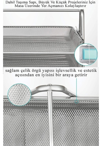 Mavi Metal Evrak Rafı 3 Lü 1 Paket Masaüstü A4 Dosya 3 Katlı Düzenleyici Kağıt Tepsisi Metal Fileli Hareketli Mavi