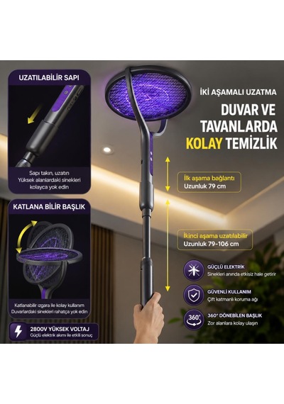 Coofbe 2800w Şarjlı Elektriki Sivrisinek Öldürücü Raket Sineksavar 5 Katmanlı Uv Işıklı Teleskopic Sinek Raketi
