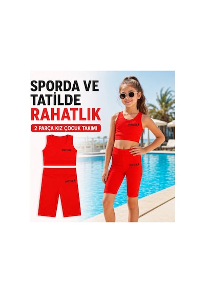 Rony Pony Kids Kız Çocuk Neon Kırmızı Crop Üst Ve Uzun Şortlu Mayo Takımı - 2 Parça