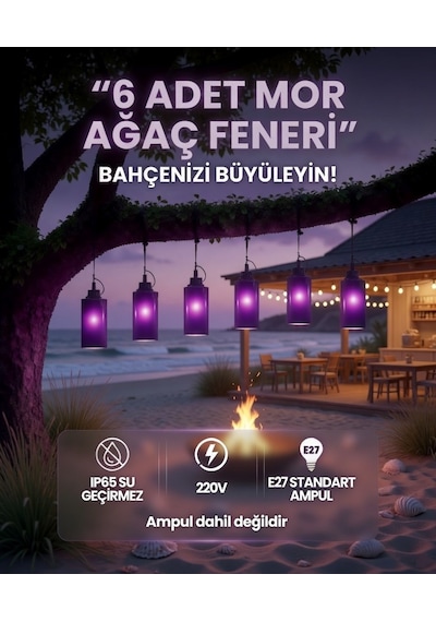 6 Lı Mor Ağaç Feneri Ip65 Su Geçirmez E27 Bahçe Aydınlatma Seti 220v Dekoratif Sarkıt Fener
