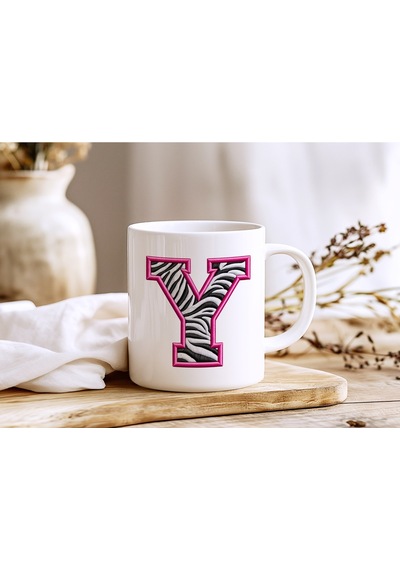 Y Harfi Zebra Deseni Ve Pembe Kenarlı Kupa Bardak - Kişiye Özel Nakış Efektli - Siyah Beyaz Pembe Beyaz