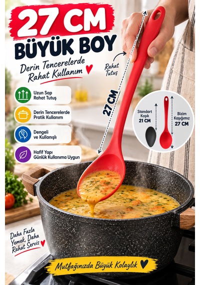 7'li Set Büyük Boy Silikon Kaşık 27 Cm Renkli Yanmaz Mutfak Yemek Pişirme Ve Servis Kaşığı Seti