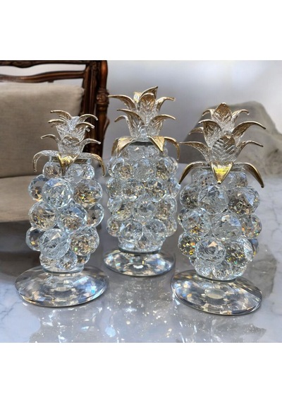 Dekoratif Kristal Cam Üçlü Ananas Set Şeffaf Gold