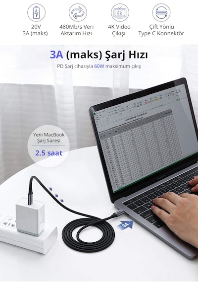 Ugreen 50751 60W Thunderbolt USB3.1 GEN1 3A QC PD Hızlı Şarj Kablosu 1.5 Metre Siyah