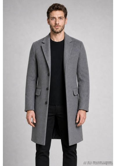 Freemen Erkek Slim Fit Klasik Yaka 3 Düğmeli Uzun Kaşe Kaban-425 Antrasit