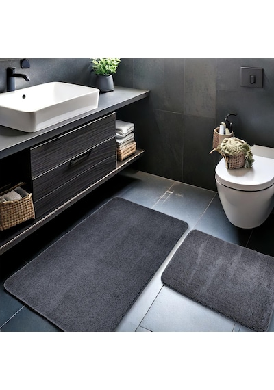 2'li Peluş Banyo Paspası Takımı Yumuşak Kaymaz Tabanlı Klozet Takımı 60x50 - 60x100 Krem - Koyu Gri