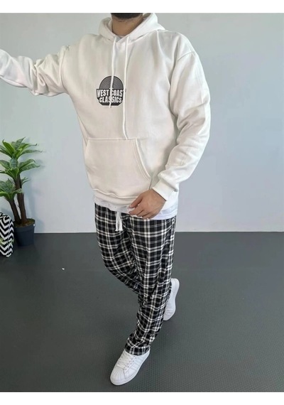 Novalisse Erkek 3 İplik Pamuklu Kapüşonlu Baskılı Cepli Oversize Sweatshirt Hoodie - Beyaz Çoklu Renk